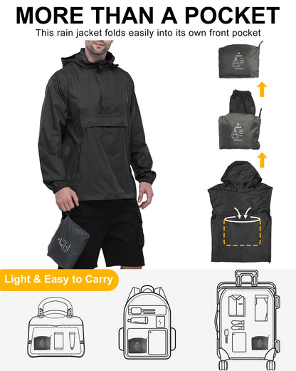 Outdoor Ventures Rain Jacket for Men Waterproof Pullover Lightweight Hooded Outdoor Raincoat Packaway Breathable Reflective Anorak Jacket for Travelling, Camping, Running, Hiking, Black L