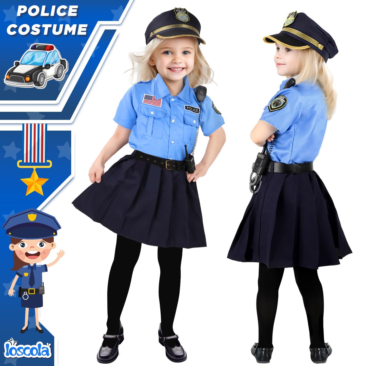 Loscola Police Officer Costume for Kids, Girls Police Costume for Kids, Halloween Costumes for Girl Kid 3-12, Cop Uniform for Girls, Cop Outfit for Party Dress Up