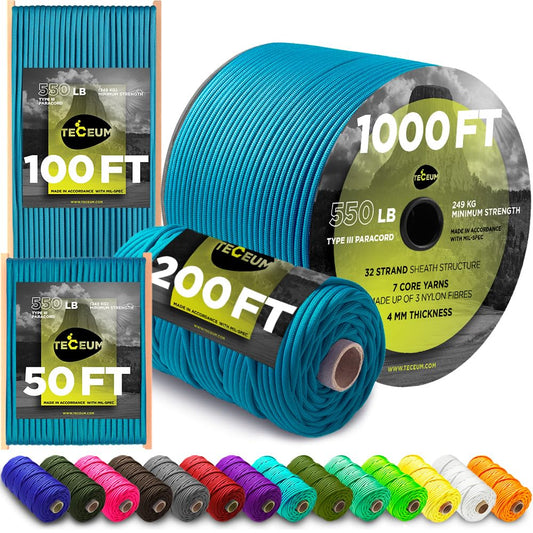 TECEUM Paracord Type III 550 Ice Mint – 1000 ft – 4mm – Tactical Rope MIL-SPEC – Outdoor para Cord –Camping Hiking Fishing Gear and Equipment – EDC Parachute Cord – Strong Survival Rope 049