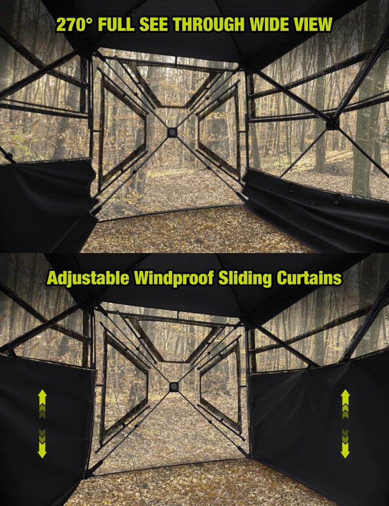 TIDEWE Hunting Blind 270°Full See Through with Windproof Curtain, Silent Magnetic Door & Sliding Windows, 2-3 Person Pop Up Ground Blind with Carrying Bag, 300D Portable Tent (FD Camo Half Seethrough)
