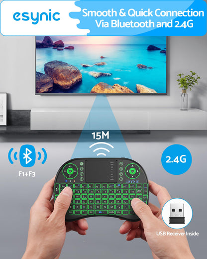 eSynic Upgraded Backlit Keyboard Wireless Bluetooth 2.4GHz Keyboard Touchable Portable with Touchpad Mouse and Built-in Rechargeable Battery For Google Smart TV Android Box Windows Laptop