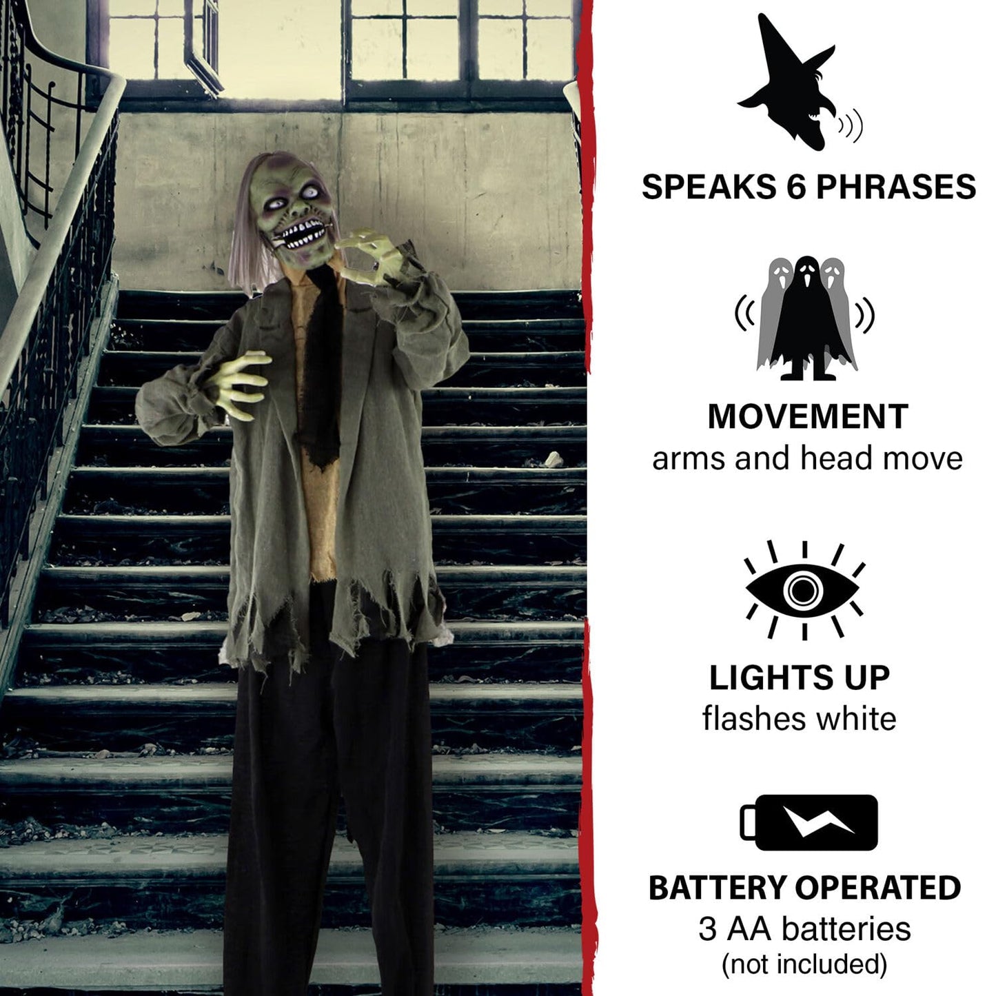 Haunted Hill Farm Life-Size Scary Talking Zombie Halloween Animatronic with Touch Activated Lights and Sound, Battery Operated Indoor or Covered Outdoor Halloween Decorations, Creepy Halloween Props