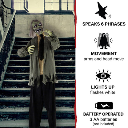 Haunted Hill Farm Life-Size Scary Talking Zombie Halloween Animatronic with Touch Activated Lights and Sound, Battery Operated Indoor or Covered Outdoor Halloween Decorations, Creepy Halloween Props