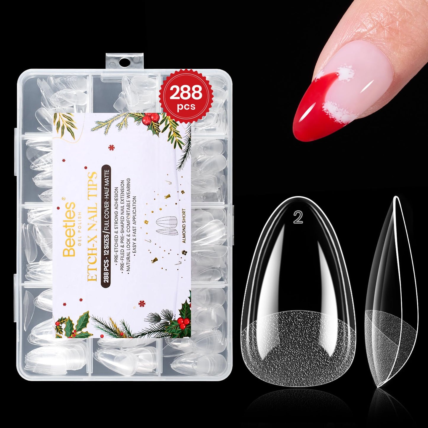 Beetles Gel Nail Tips Etch-X, Almond Short Christmas Limited Set, 288pcs 12 Sizes, Pre-Etched Half Matte Full Cover Soft Acrylic False Nail Tips Almond Shape Easy DIY Extension Salon Gift for Women