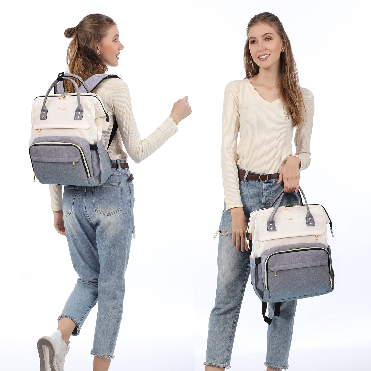LOVEVOOK Laptop Backpack Women 15.6 inch, Work Bags for Womens, School Computer Bag with USB Port for Business College Travel, Rucksack for Teacher Nurse,BeigeGrey