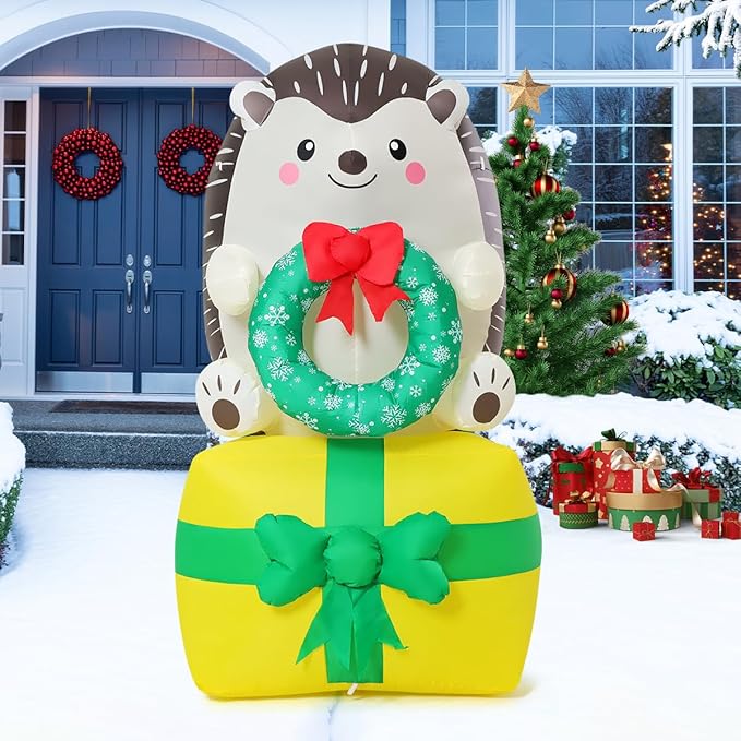 COMIN 5 FT Christmas Inflatables Outdoor Decorations Inflatable Hedgehog On Present Christmas Box Blow Ups with Built-in LEDs for Yard Party Lawn Decor