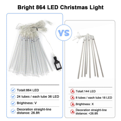 ZROPAW Christmas Lights Outdoor,24 Tubes 864 LED Meteor Shower Lights 12Inch, Waterproof Icicle Light Outdoor Christmas Decorations for Xmas Tree Yard Party, UL Plug, Blue