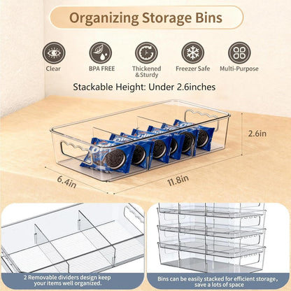 Clear Plastic Food Storage Organizer Bins,8 Pack Pantry Organizations and Storage Bins with Removable Dividers, Stackable Refrigerator Organizer Bins Fridge Organizers Kitchen Cabinet Organizers