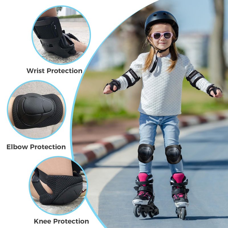 BOSONER Basic Kids Protective Gear: Kids Knee Pads and Elbow Pads with Wrist Guards Set for 3-15 Years - Design for Roller Skates, Cycling, BMX Bike, Skateboard, Inline Skating, Scooter Riding Sports