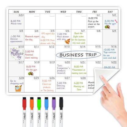 JJPRO Non-Magnetic Reusable Monthly Calendar Whiteboard Clings to All Smooth Surfaces. Monthly Planning Board for Refrigerator, Cabinet,Door&Stainless Fridge, 6 Markers Included!