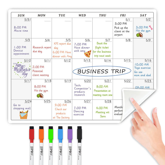 JJPRO Non-Magnetic Reusable Monthly Calendar Whiteboard Clings to All Smooth Surfaces. Monthly Planning Board for Refrigerator, Cabinet,Door&Stainless Fridge, 6 Markers Included!