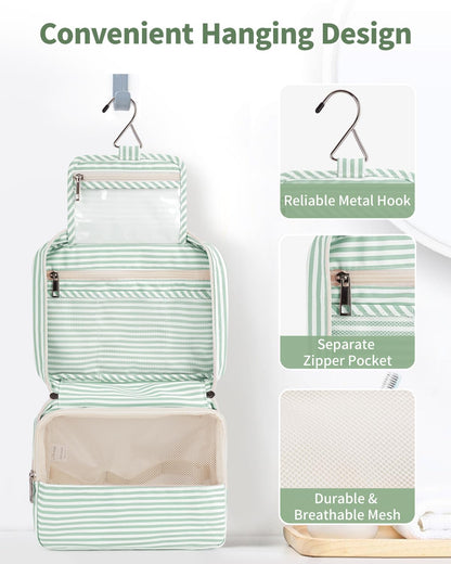 Travel Hanging Toiletry Wash Bag Toiletry Bags for Women Toiletries Bag Washbag Makeup Cosmetic Organizer for Men Girls (Mint Green Stripe)