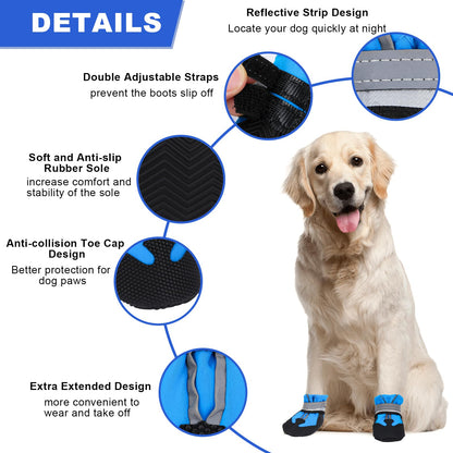 QKURT 4 Pieces Dog Boots Paw Protector, Waterproof Dog Shoes with Reflective Straps, Adjustable Washable Non-Slip, for Injured Paws, Outdoor Paw Protectors for Small Medium Large Dogs