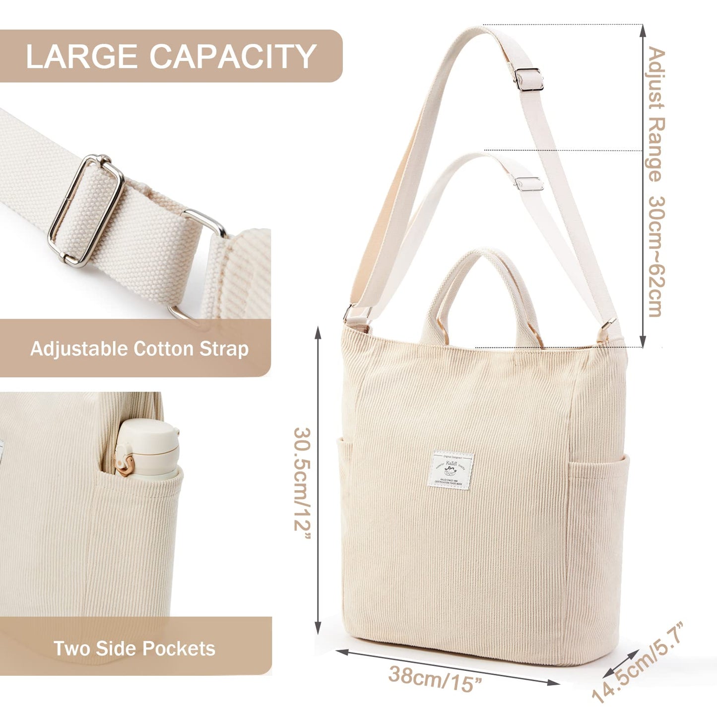 KALIDI Corduroy Tote Bag, Zipper Messenger Bag Shoulder Hobo Crossbody Bag Casual Work Colledge Shopping Women