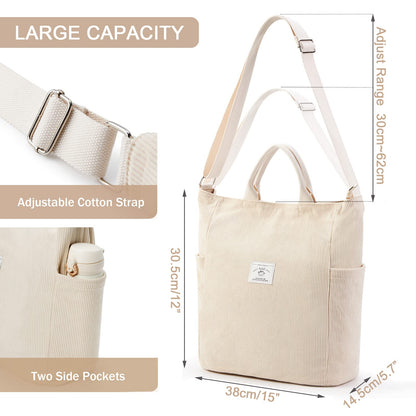 KALIDI Corduroy Tote Bag, Zipper Messenger Bag Shoulder Hobo Crossbody Bag Casual Work Colledge Shopping Women