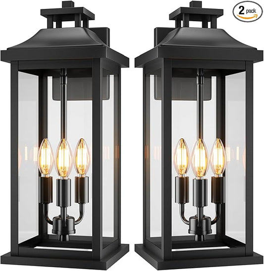 20" Large Outdoor Light Fixtures 3-Light 2 Pack, Black Outside Modern Porch Lights for House, Exterior Wall Sconce Lanterns Wall Mounted Waterproof Outdoor Coach Lamps for Garage E12