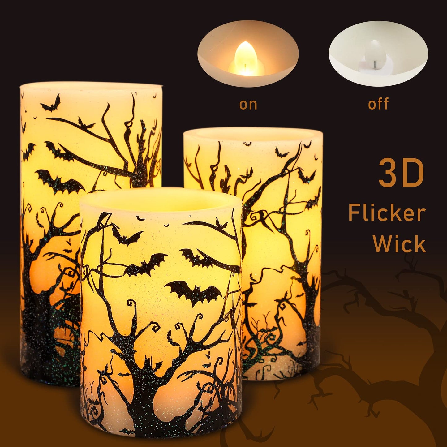 FLAVCHARM Halloween Decor Flameless Candles Set of 3 Black Spooky Bats Decal Flickering Candles Battery Operated with Remote Real Wax LED Pillar Candles for Halloween Party Horrible Theme Decor