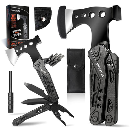 Camping Essentials 16 in 1 Multitool Camping Gear Gifts for Men Dad Multi Tool Survival Gear with Axe Hammer Pliers Saw Screwdrivers Bottle Opener Whistle with Sheath for Hiking Fishing