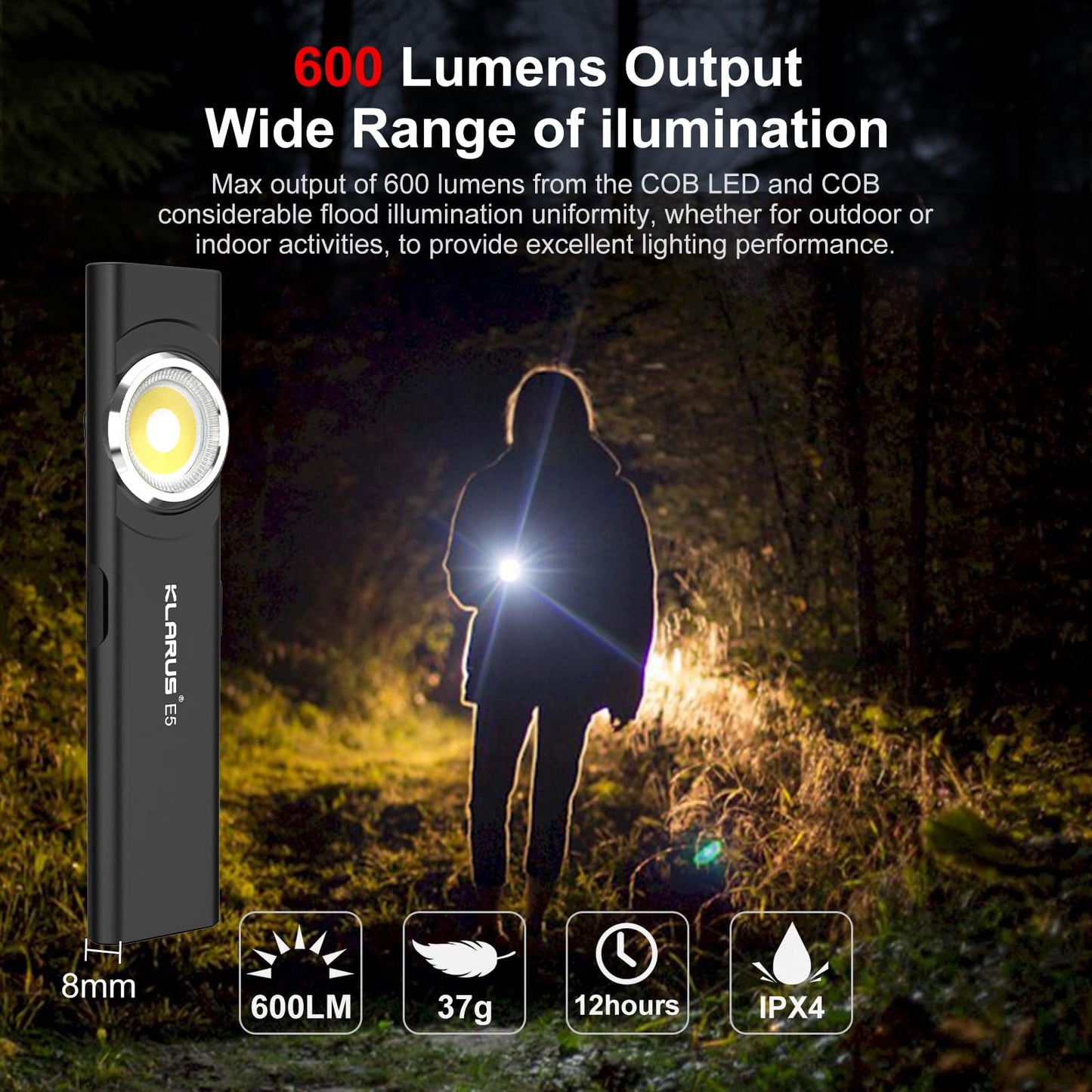 klarus E5 Flat EDC Torch,USB C Rechargeable COB Work Light, 470 Lumens Mini Flashlight with Magnetic Base and Buckle Clip Suitable for Maintenance, Camping, Hiking, Emergency, etc (E5)