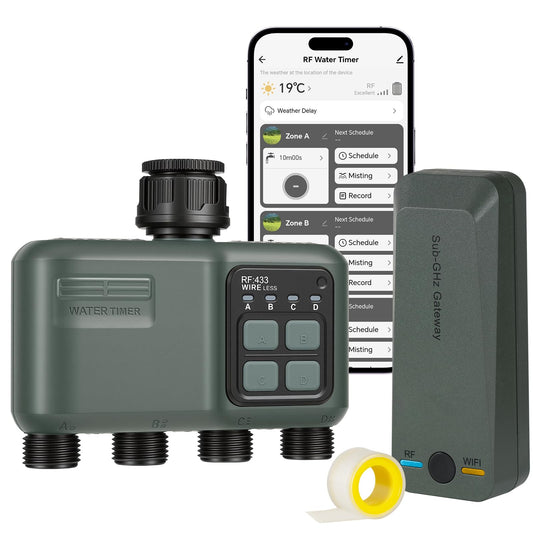 WILAWELS WiFi Water Timer for Garden Hose, Sprinkler Timer 4 Zone, Smart Hose Water with WiFi Irrigation Controller,Voice Control RF433 Automatic Irrigation System/Rain Delay/Manual Watering D34WT06