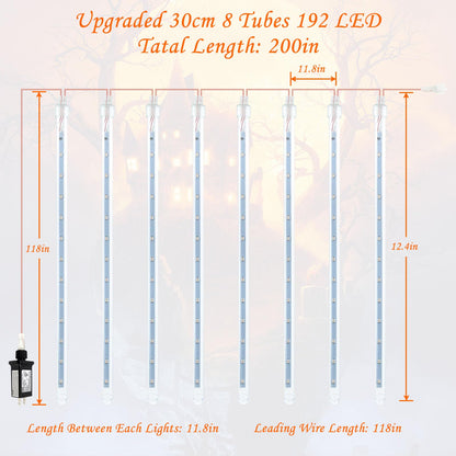 Halloween Lights Outdoor, 2 Pack Extendable Meteor Shower Lights Outdoor Waterproof with Timer, Total 384 LED 30cm 16 Tubes Cascading String Light Plug in for Halloween Yard Party (Orange and Purple)