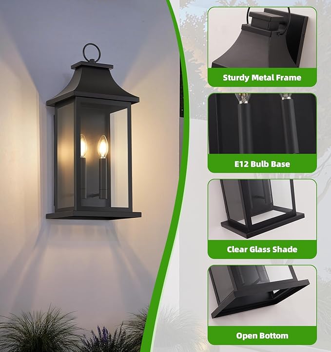tewei 2-Pack Large Outdoor Wall Lights, 22'' Porch Light Outdoor Wall Sconce Lantern, Black Exterior Lighting Fixture Wall Mount, Outside Light for House Garage