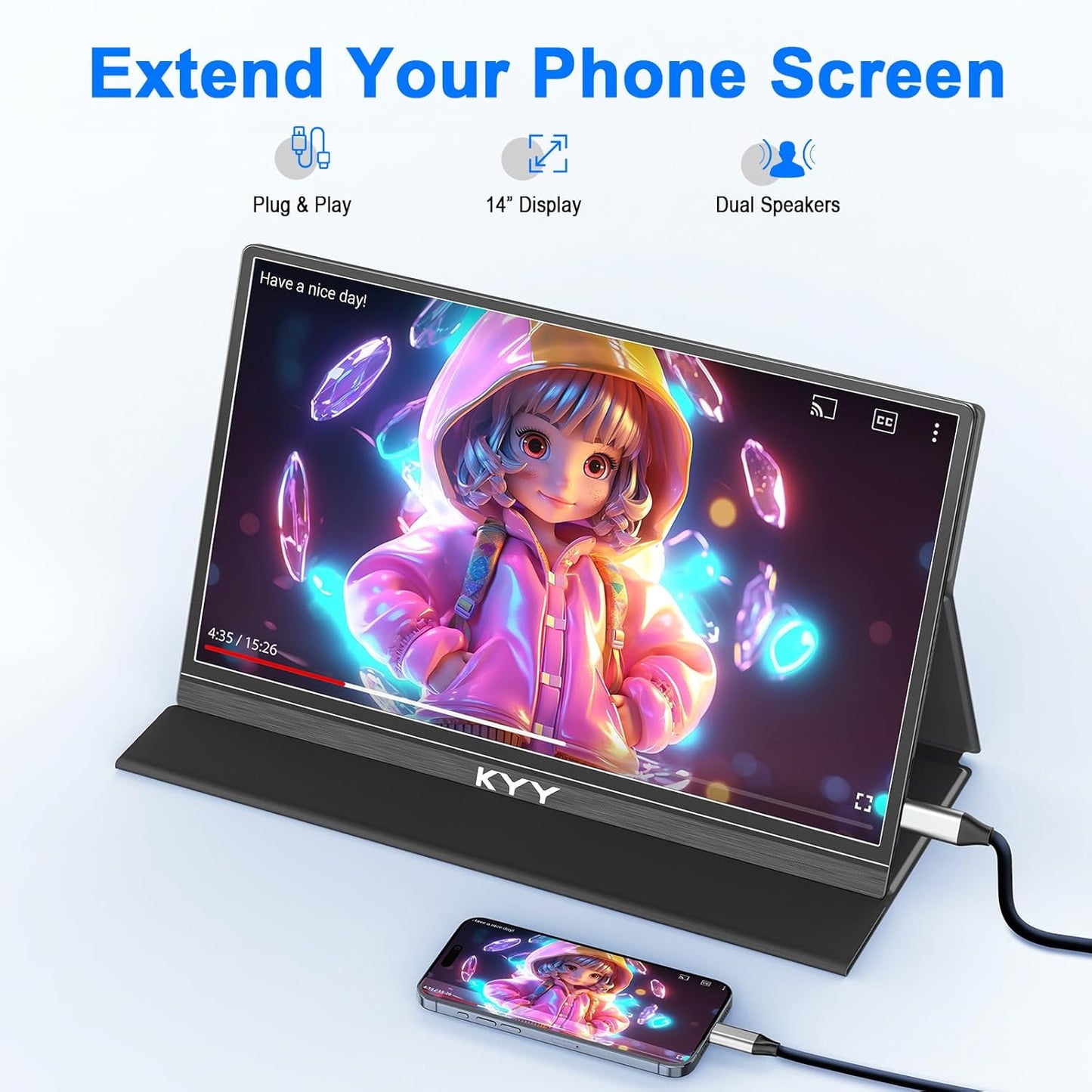 KYY Portable Monitor for Laptop, 14" FHD 1080P Travel Monitor, USB-C & HDMI Computer Gaming Screen with VESA Mount & Smart Cover, Dual Speakers, for Mac PC Phone Xbox PS5 Switch