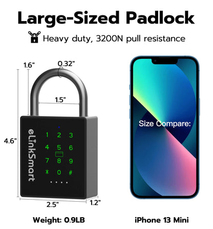 eLinkSmart Heavy Duty Smart Padlock with Key, Pad Lock with Code Keypad, Weatherproof Bluetooth RFID Keyless Electronic Digital Combination Lock for Gate Outdoor Fence Storage Unit Locker Shed Pool