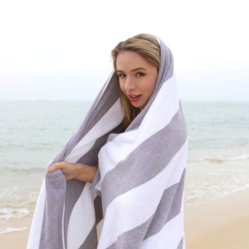 CLOWOOD Plush Oversized Beach Towel - Cotton 40 x 70 Inch Large Thick Charcoal Grey Striped Cabana Pool Swimming Towel