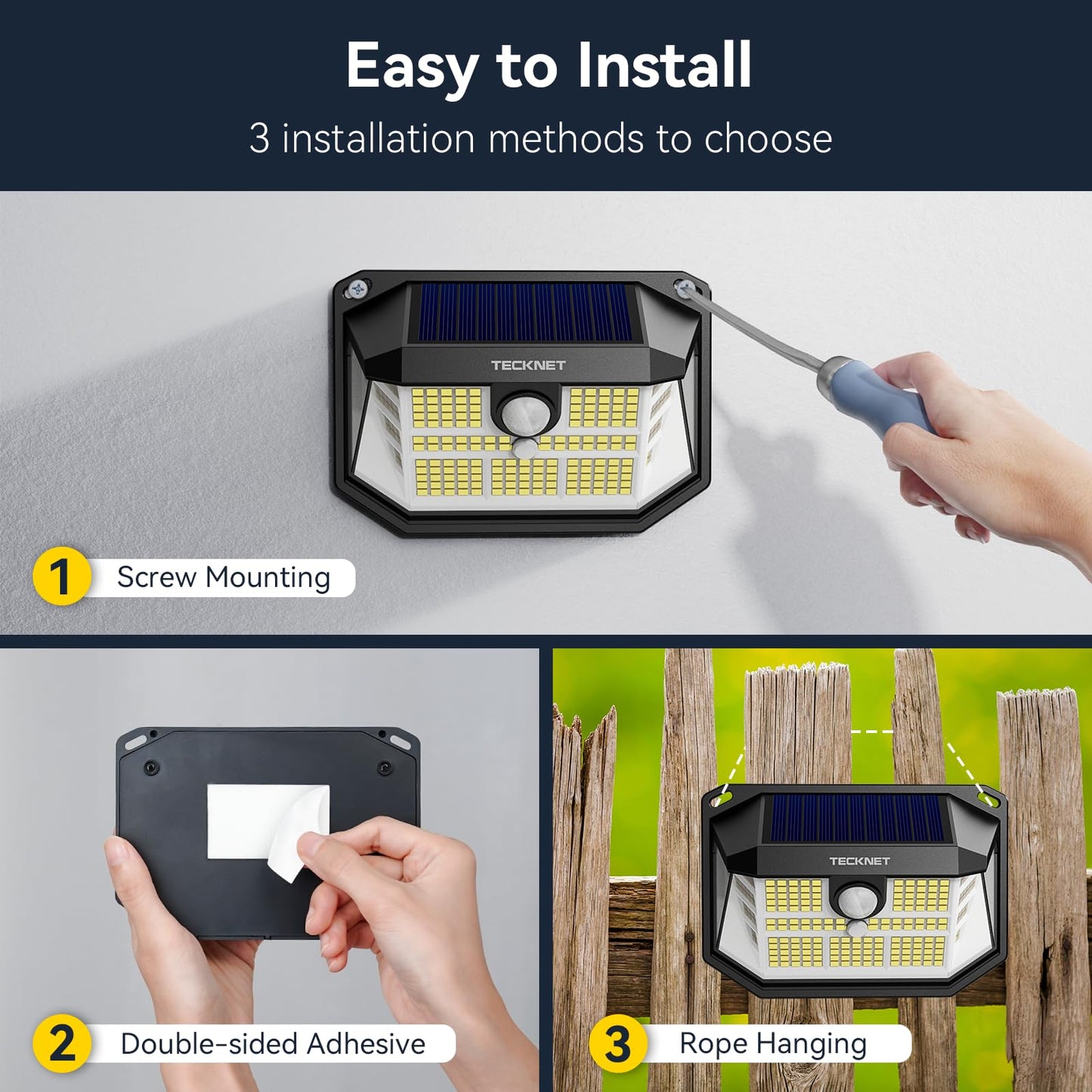 TECKNET Outdoor Solar Light 231 LED, 3 Modes Motion Sensor, Solar Powered Security Light 300° Wide Angle, IP65 Waterproof, Solar Wall Light for Front Door/Fence/Yard/Garage/Garden (2 Pack)