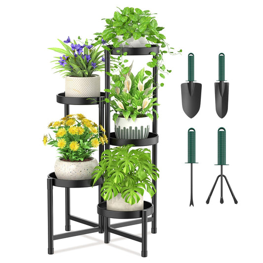 iDavosic.ly Plant Stand with Garden Tools, 5 Tier Corner Metal Flower Display Holder Shelf Indoor Outdoor, Folding Tall Orchid Rack for Patio Balcony Porch Living Room House, Black