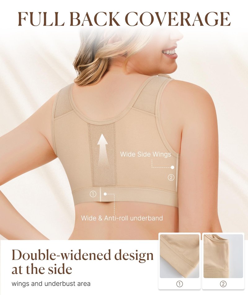 BRABIC Post Surgery Front Closure Bras for Women Full Coverage Compression Mastectomy Wireless Bra with Adjustable Straps, Beige, Medium