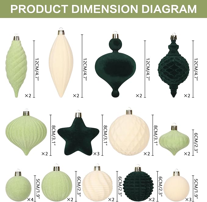 SY Super Bang 30PCS Velvet Christmas Ornaments Set, Flocked Shatterproof Assorted Hanging Xmas Tree Ball Decorations, for Home Party Holiday Decor, Deep Green, Beige, Light Green