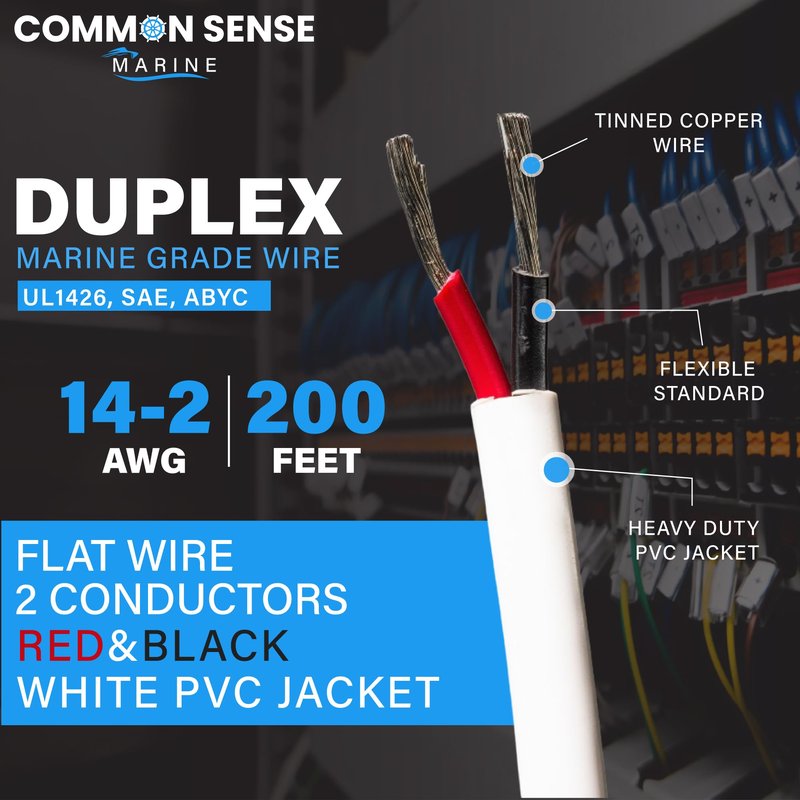 14 Gauge 2 Conductor Marine Wire - 200 ft Duplex Flat Marine Grade Wire Tinned Copper Oxygen-Free Insulated - 14/2 AWG UL 1426 Standard PVC Wire for Boat, Automotive, Speakers, Camper & Trailers