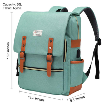 MODOKER Vintage Women Laptop Backpack with USB Charging Port, School College Backpack for Women Men Fashion Backpack Fits 15.6Inch Notebook, Slim Casual Travel Daypack Bookbag Green