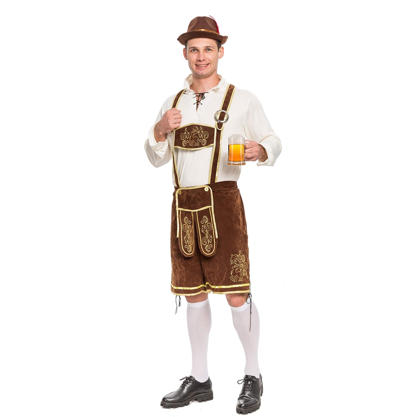Spooktacular Creations Halloween Men Oktoberfest Costume Set, Lederhosen Men with German Bavarian Hat, Beer Costume, Adults Halloween Brown Outfit for Beer Festival Party (X-Large)