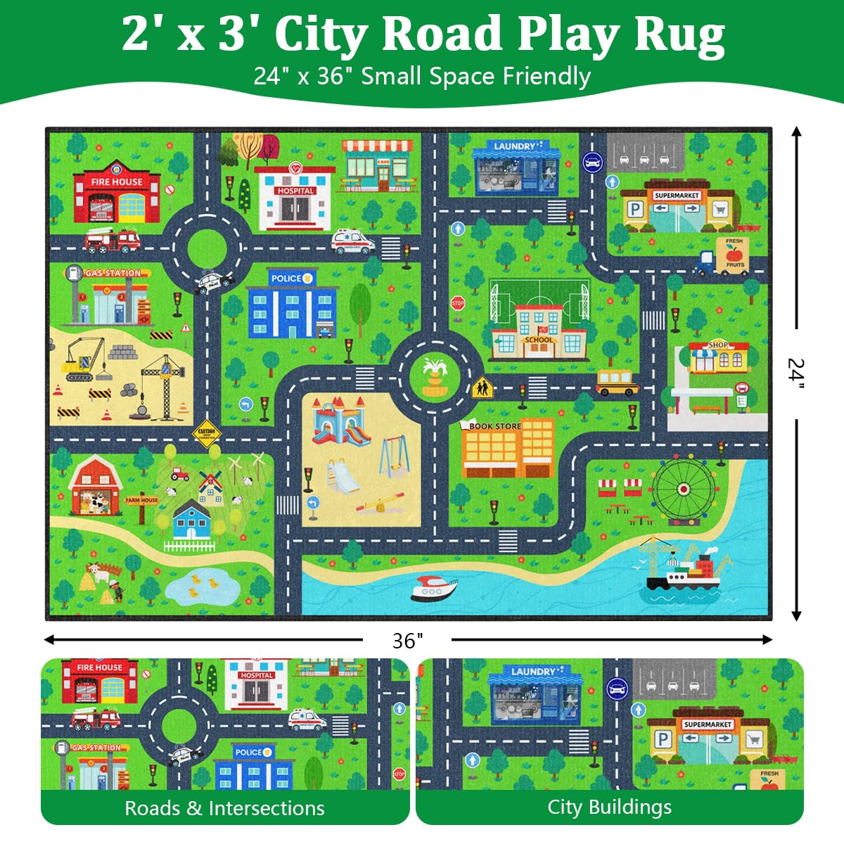Road Rug for Kids 2×3 Ft - Car Track Road Map Play Mat, City Traffic Learning Carpet, Smooth Low-Pile with TPR Non-Slip Backing for Playroom