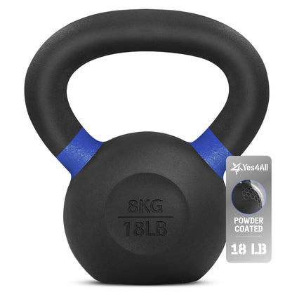 Yes4All Powder Coated Kettlebell, Cast Iron Core Kettlebells with Non-Slip Handle & Flat Bottom for Conditioning, Heavy Duty for Strength Training, 9lb to 71lb - Single & Pair