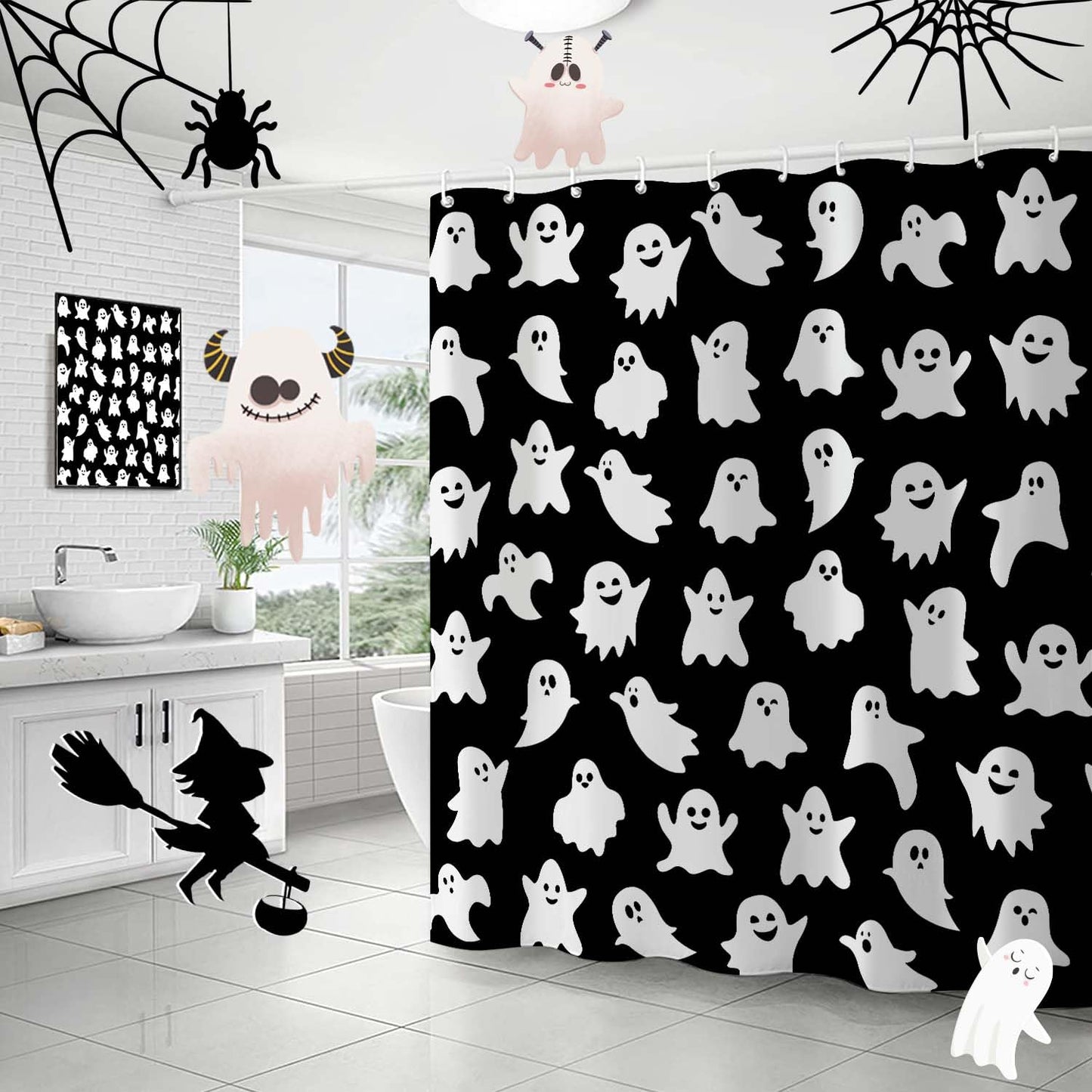 Metawu Halloween Shower Curtain Ghost Shower Curtains Sets Spooky Boo Bathroom Curtain for Kids Washable Waterproof Bathtubs Curtains 72"×72" with 12 Hooks Bathroom Decoration