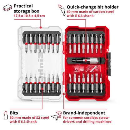 Original Einhell M-CASE 33-piece bit set (for cordless screwdrivers and power drills with 50 mm bits made of S2 steel, quick-change bit holder made of carbon steel incl. storage box)
