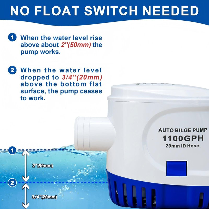 Sanuke 1100GPH Automatic Bilge Pump 12V, Submersible Auto Water Pump with Built-in Float Switch, 29mm (1-1/8") Outlet, Marine Bilge Pump for Boats, Ponds, Pools, Caravan RV