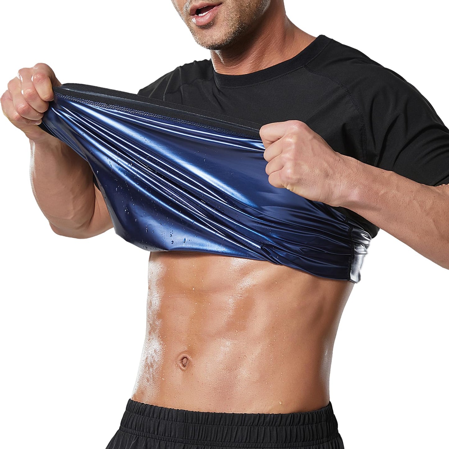 Towintec Sauna Shirt for Men Short Sleeve Sweat Suit Heat Trapping T-shirt Weight Loss Hot Suits Sports Gym Workout Shapewear MMA Training Sports Heat Trapping Body Smoothing Tops Shirts(Blue,M)