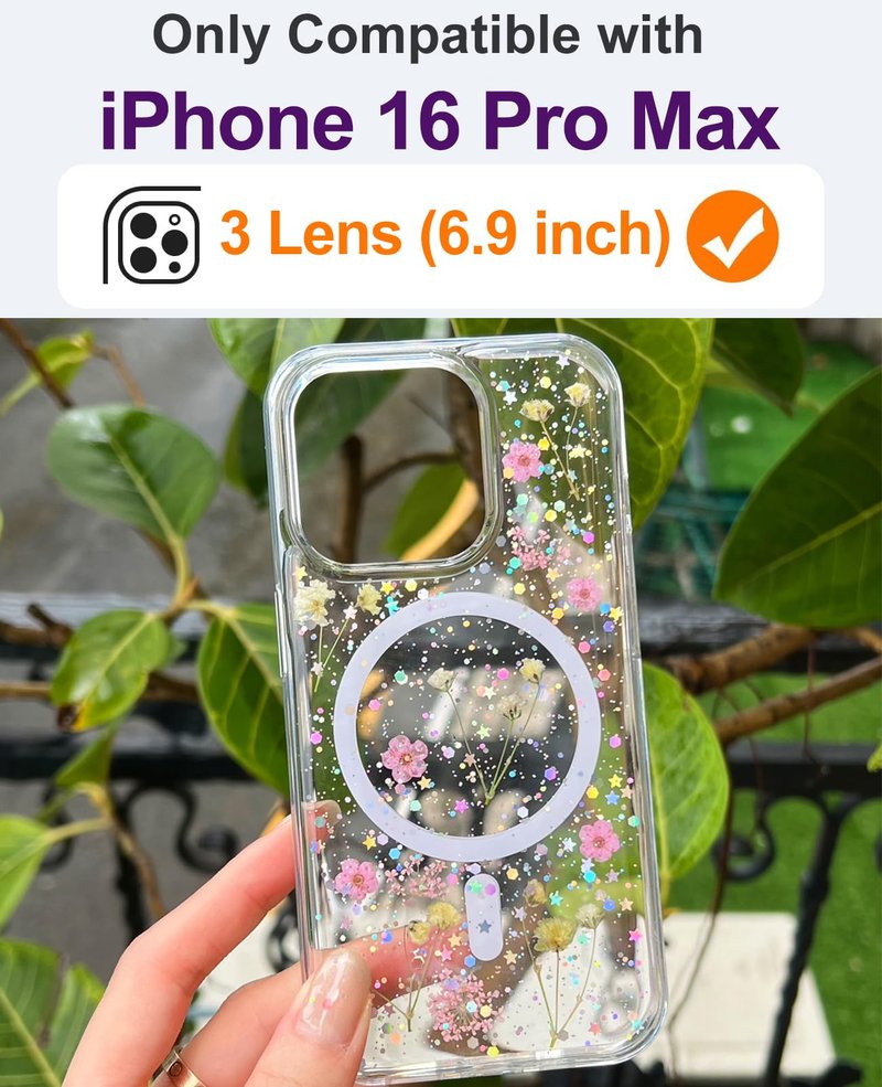 ASONCE Cute Real Flowers for iPhone 16 Pro Max Case [Compatible with MagSafe] Glitter Magnetic Cover with Pressed Dried Floral Women Girly Phone Case for iPhone 16 Pro Max 6.9" - Clear Sparkly