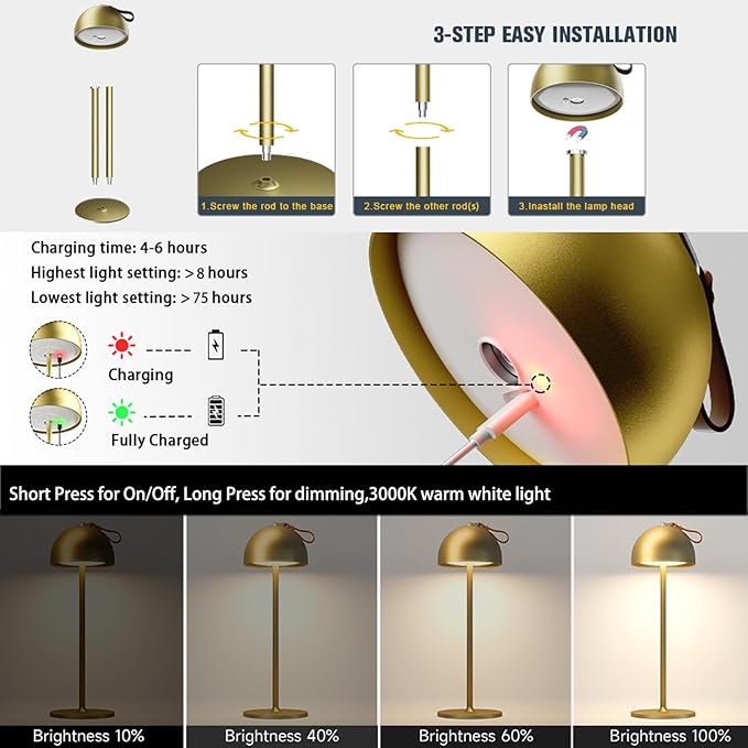 Cordless Table Lamp,8-75 Hours Battery Powered Lights,2-Pack Gold Rechargeable Lamp,Waterproof,Magnetic,Stepless Dimming,Adjustable Height, for Outdoor,Camping,Living Room,Dinner,Night Light
