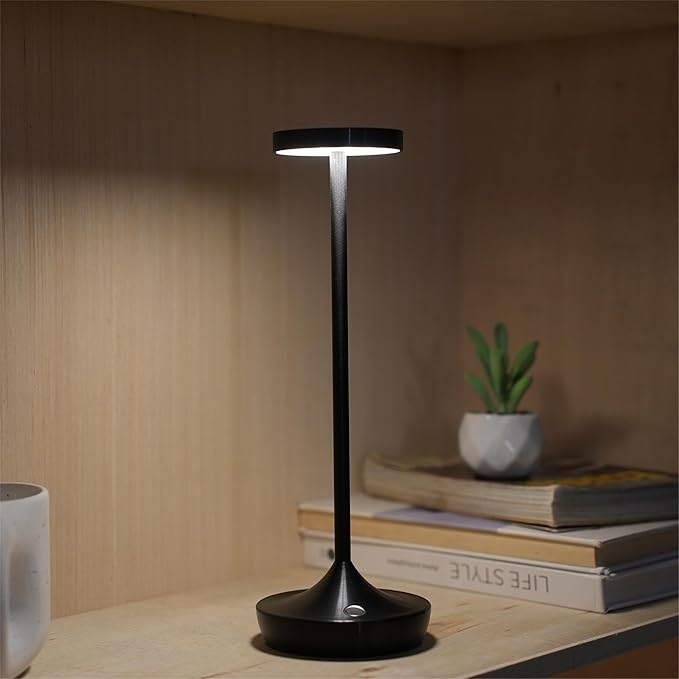 2 Pack Cordless Table Lamps, Battery Operated LED Desk Lamp, 3-Color Stepless Dimming, Portable & Waterproof, for Restaurants, Bedrooms, Bars, Outdoor Parties, Camping, and Cafes (2Pack Black)