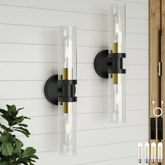 Rechargeable Battery Wall Sconce Set of Two, 8000mAh Cordless, Dimmable, Timer, Remote, Touch Control, 3000K, USB-C Charging for Living Room, Bedroom Black Gold (Include 4 Special Bulbs)