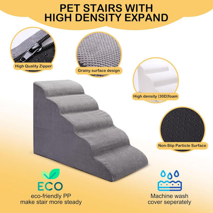 Wide Dog Steps Stairs for Bed 5 Steps 62 cm High for Dogs, Dog Ramp High Density Foam Pet Stairs Washable Cover and Non-Slip Base 40 x 87 x 62 cm