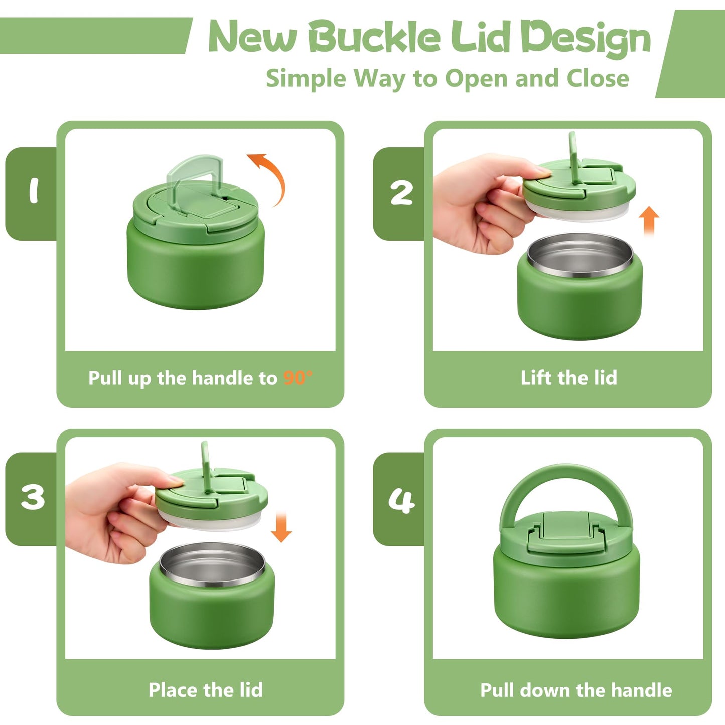 13.5oz Soup Thermo for Hot Food Kids Insulated Vacuum Food Jar with Buckle Lid,Wide Mouth Leakproof Stainless Steel Lunch Container with Spoon-Green