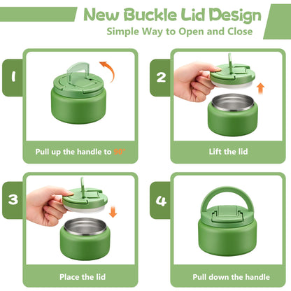 13.5oz Soup Thermo for Hot Food Kids Insulated Vacuum Food Jar with Buckle Lid,Wide Mouth Leakproof Stainless Steel Lunch Container with Spoon-Green