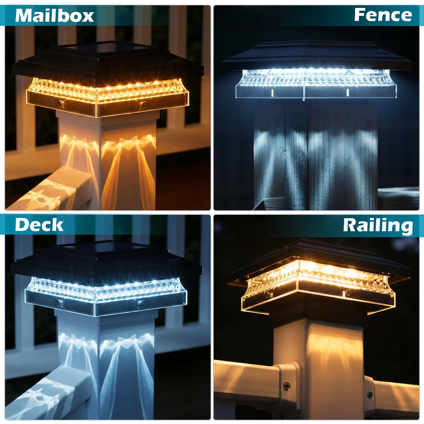 SIEDiNLAR Solar Post Cap Lights, 6 Pack 2 Modes 50 Lumens, 4x4 5x5 Wooden/Vinyl Posts Waterproof Outdoor Lighting for Deck Fence Patio, White/Warm (Black)